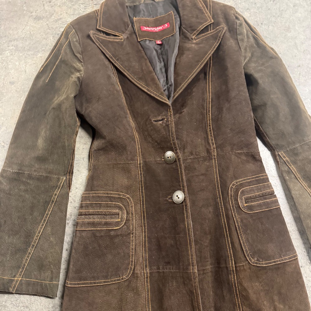 Jennyfer J VTG Y2k Women's Brown Leather Pennylane Coat Jacket S/M Retro Western - Picture 2 of 8